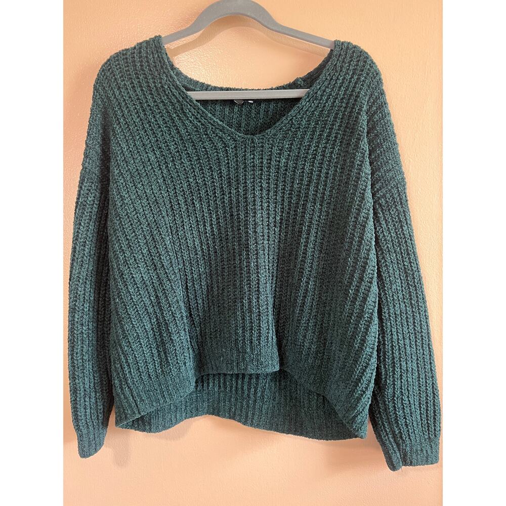 Express Chenille V-Neck Pullover Sweater Womens M Hunter Green Oversized